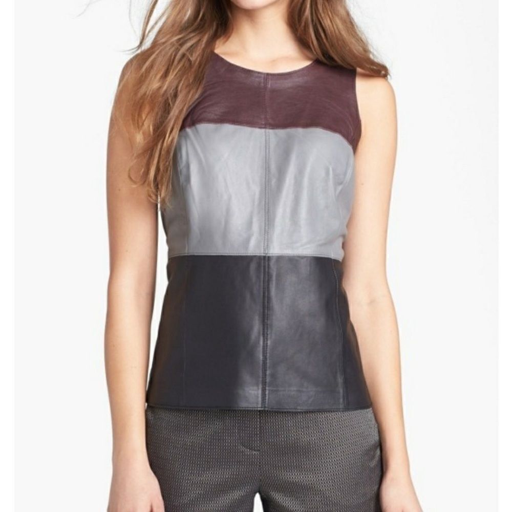 NWT Halogen 100% Lamb Leather Color-block Top